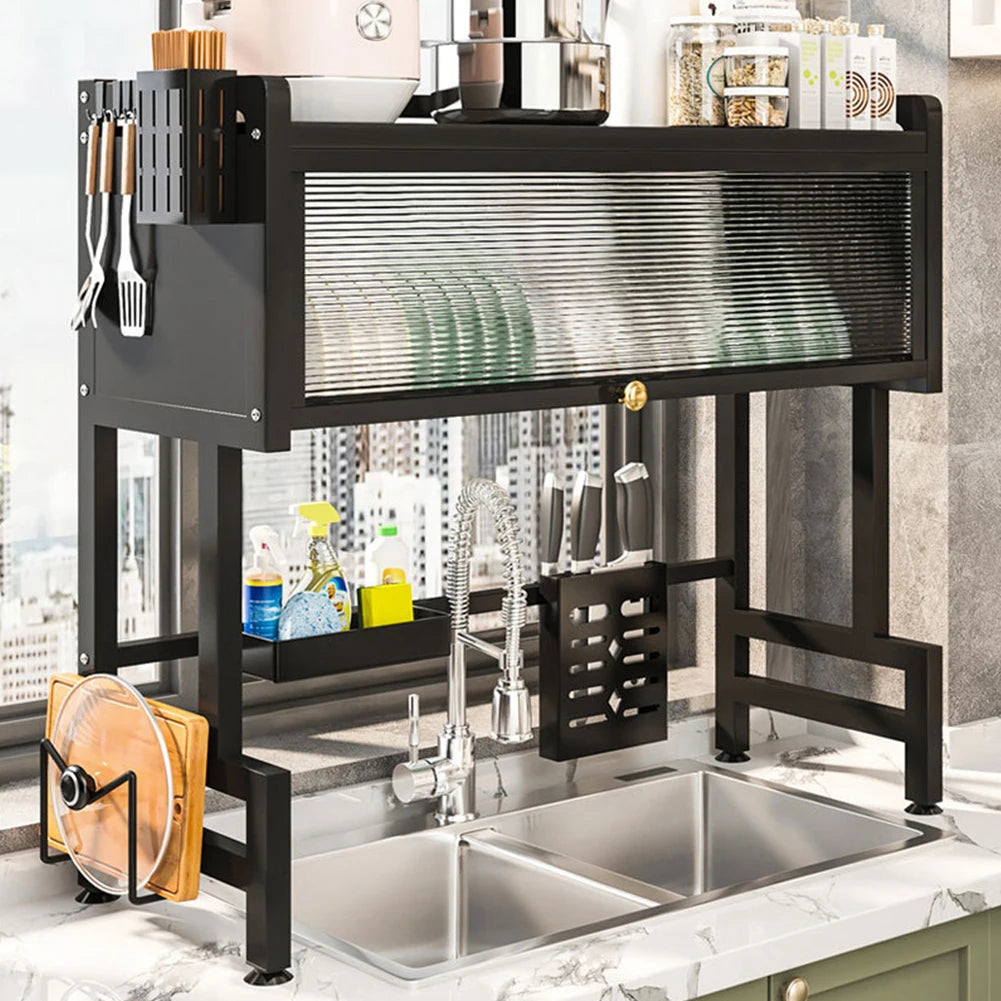 Estante de drenaje de cocina, estante de almacenamiento de cocina multifuncional de 3 niveles, organizador de fregadero de cocina, estante para platos grande sobre el fregadero con cubierta