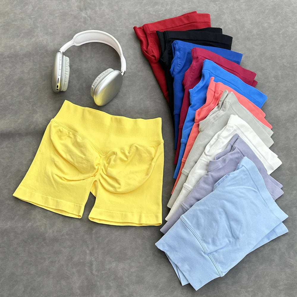 Pantalones cortos deportivos para mujer, pantalones cortos de gimnasio con banda baja acanalada de 4,5 ", mallas sin costuras para entrenamiento y Yoga