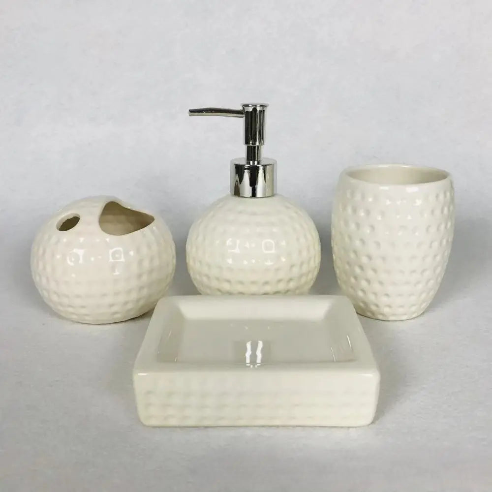 Juego de baño de cuatro piezas, dispensador de jabón de cerámica sostenible y jabonera reutilizable, taza para enjuague bucal