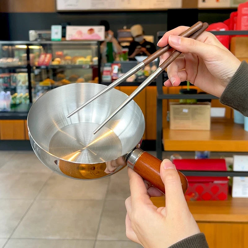 Olla para leche de acero inoxidable con mango de madera, olla compacta para cocinar, adecuada para freír huevos y calentar leche