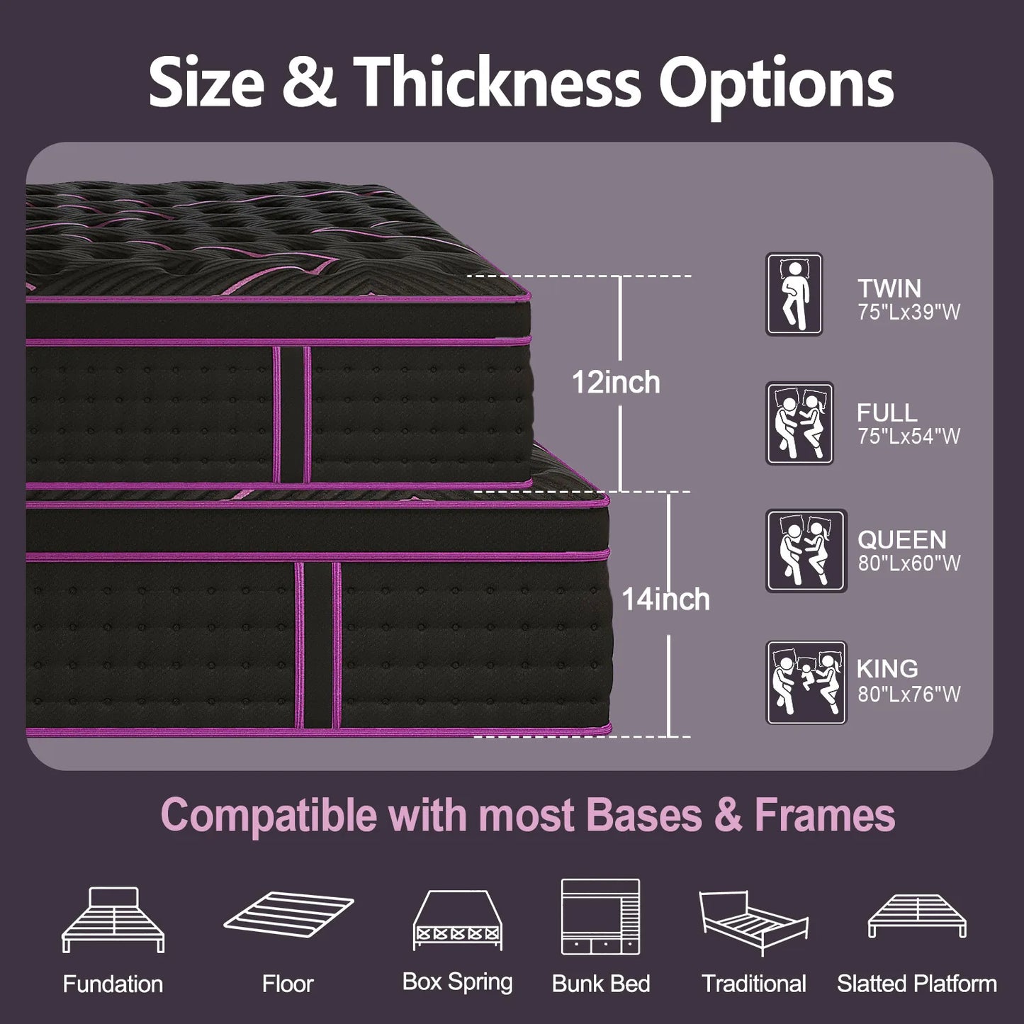 Medium Firm Hybrid Mattress in a Box 12/14 Inch Gel Memory Foam Pocket Spring Fiberglass-Free Cooling Motion Isolation