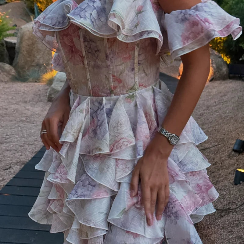 Vestido corto de gasa rosa dulce para mujer, moda con flores en 3D, manga abombada grande, cuello en V, cintura alta, línea A, Vestidos en capas, batas de señora nueva