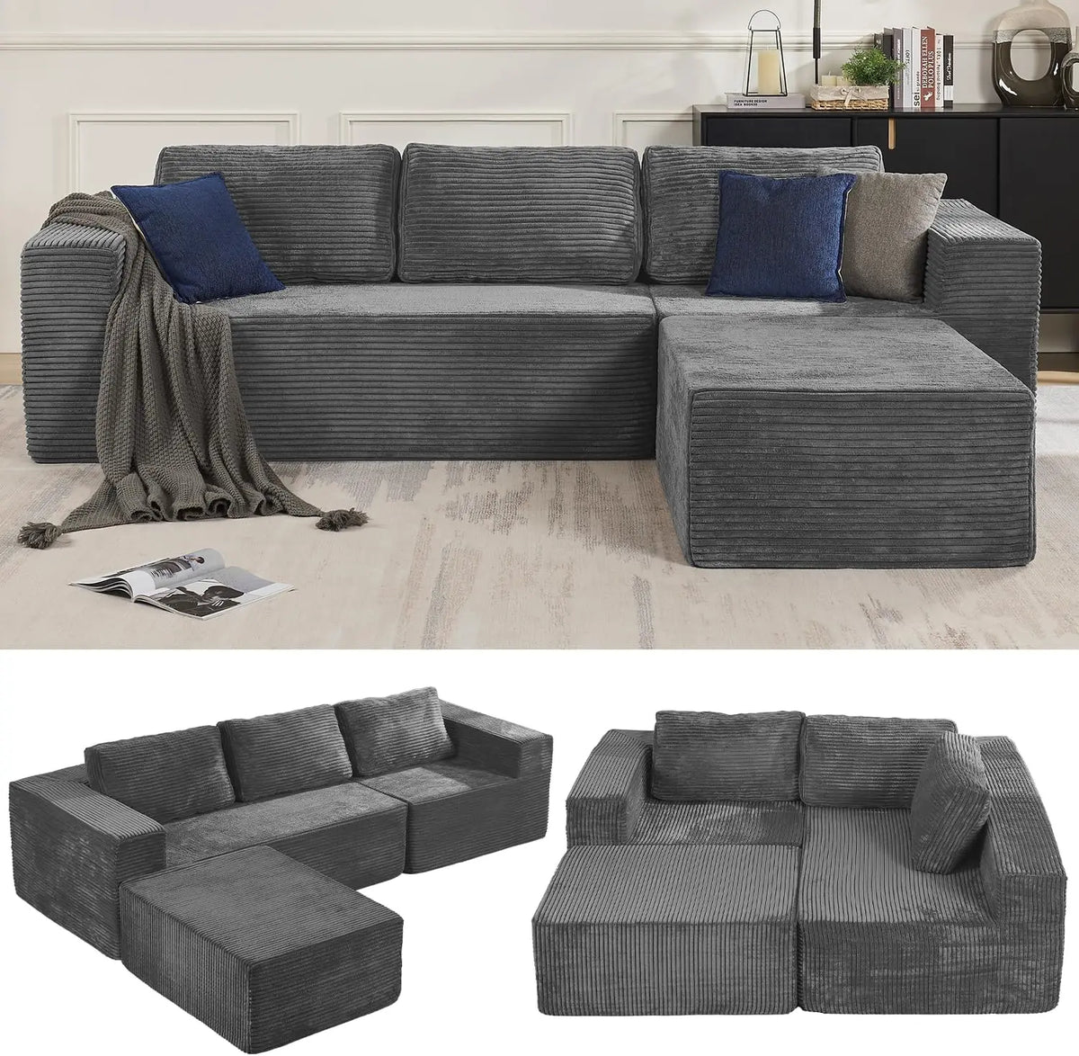 Sofá seccional reversible Cloud de 106" - Asiento profundo, modular en forma de L, tapizado en espuma, sin montaje, salón/dormitorio