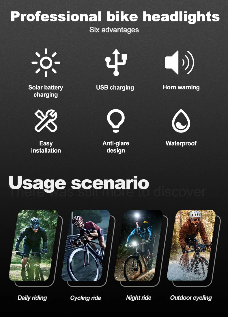 Luz Solar para bicicleta con bocina, 120dB, TYPE-C, carga rápida, lámpara frontal para bicicleta de montaña y carretera, linterna para bicicleta de 1200 mah