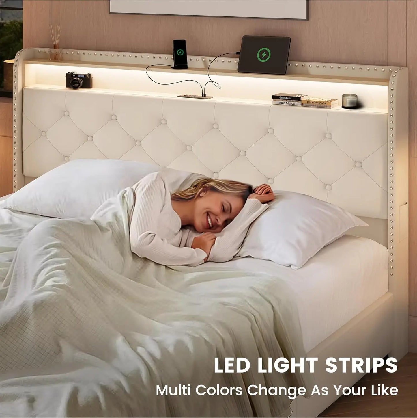 Base de Cama Queen Size con 4 Cajones de Almacenamiento y Estación de Carga, Base de Cama Tapizada en Terciopelo con LED, Personalizable