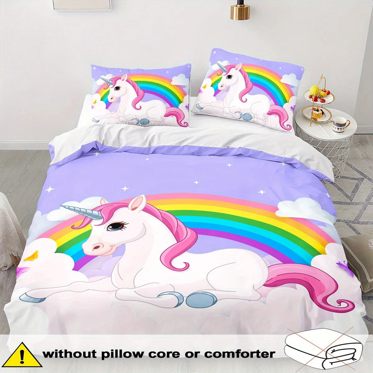 Juego de funda nórdica con tema de unicornio, 2/3 piezas, suave, cómodo, transpirable, juego de cama con estampado de unicornio arcoíris, estampado de animales de fantasía