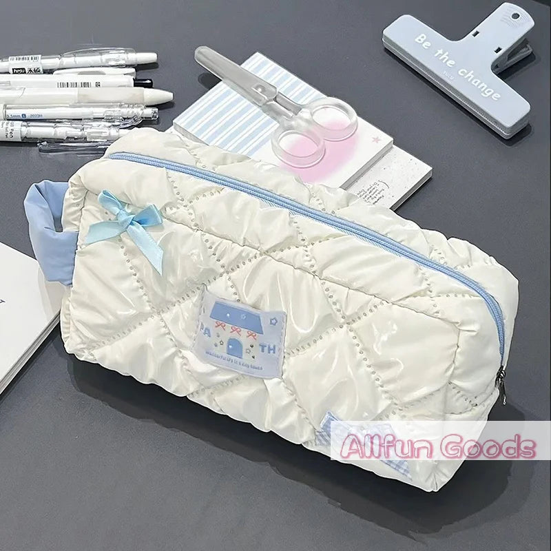 Bolsa de lápices con lazo azul y blanco, bolsa de papelería de gran capacidad, bolsa de almacenamiento de viaje, bolsas de cosméticos para mujer, estuche de lápices con diseño bonito para niñas