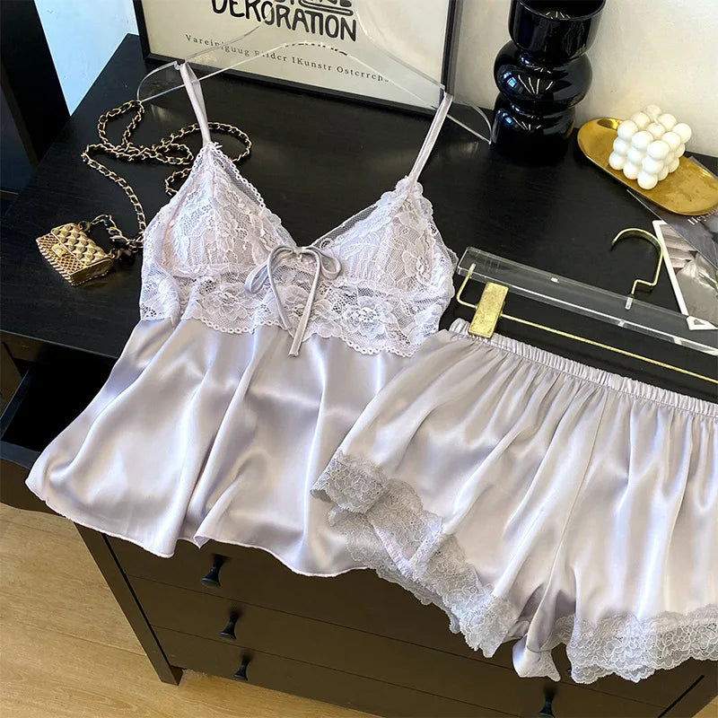 Conjunto de pijamas con tirantes para mujer, ropa de salón, lencería íntima de encaje calado Sexy, ropa de dormir, novedad de verano, Top y pantalones cortos con tirantes, ropa de casa