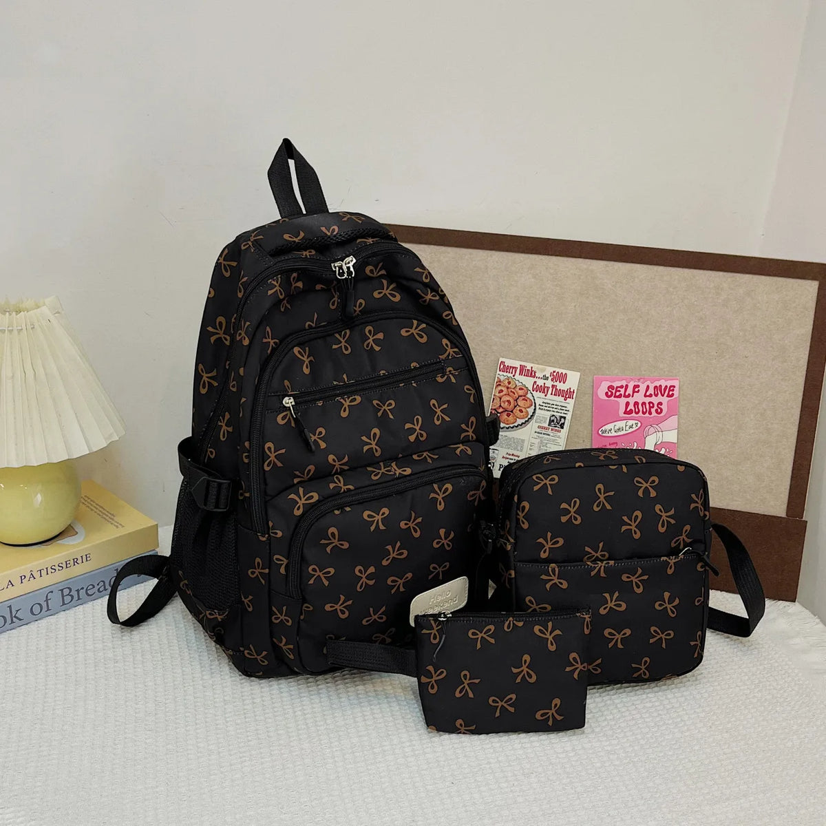 Juego de 3 Bolsas Escolares con Lazo, Mochila de Gran Capacidad, Mochila Casual de Viaje, Mochila Versátil, Bolsa Cruzada, Bolsas para Niñas