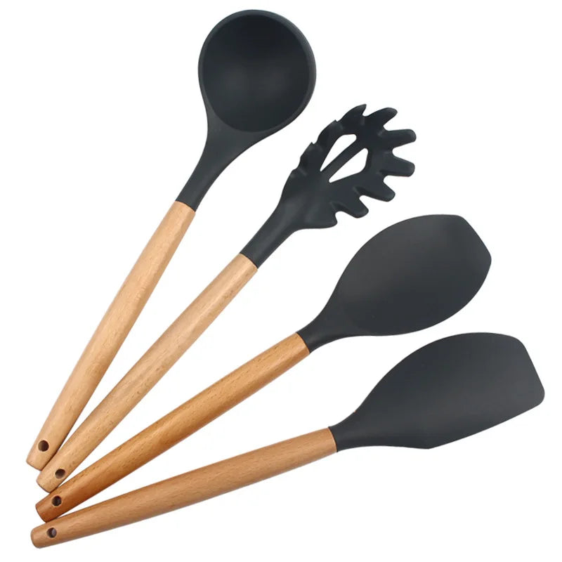 Juego de 12 utensilios de cocina de silicona con mango de madera, espátula antiadherente, cuchara para sopa y freír