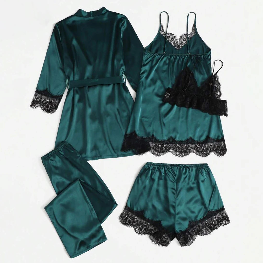 Conjunto de pijama de satén para mujer, bata de lencería Sexy, albornoz de encaje de seda, vestido de noche, pantalones, ropa de dormir para el hogar, 5 piezas