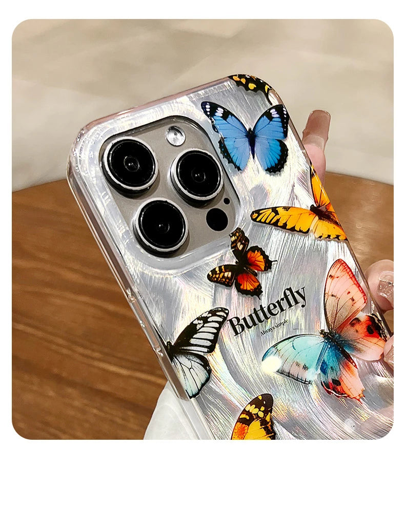 Funda de teléfono de arena con plumas graduales plateadas y mariposas de lujo para iPhone 16 15 14 13 12 11 Pro Max X XR 7 8 Plus, funda con cordón