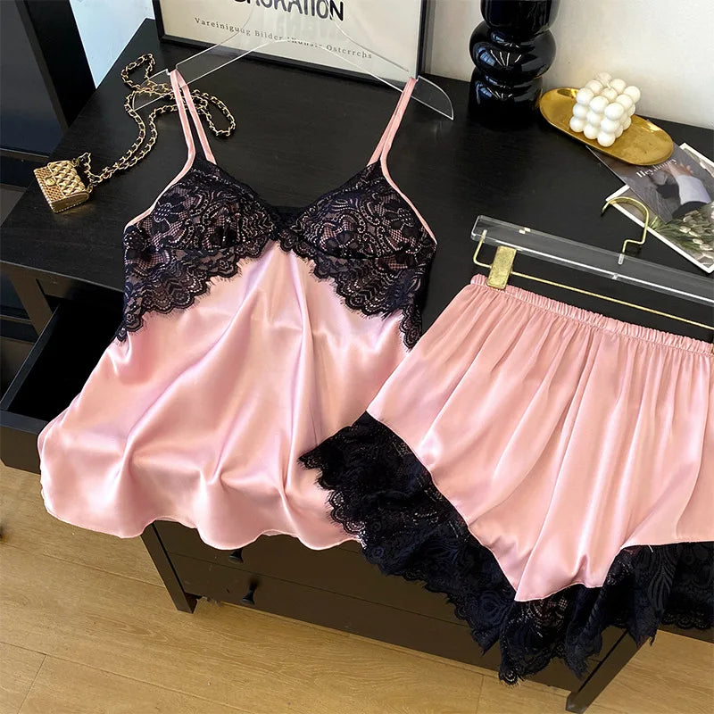Conjunto de pijamas con tirantes para mujer, ropa de salón, lencería íntima de encaje calado Sexy, ropa de dormir, novedad de verano, Top y pantalones cortos con tirantes, ropa de casa