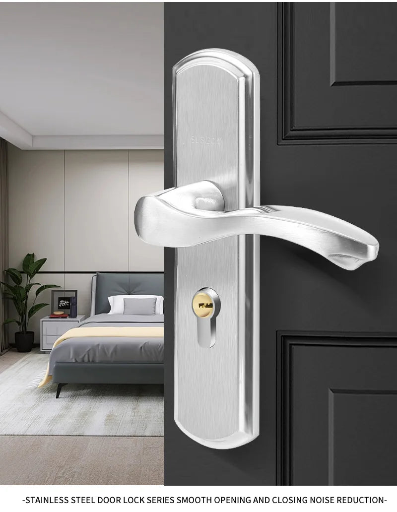 Juego de cerradura de puerta de acero inoxidable 304, manija de palanca de puerta Interior silenciosa para dormitorio, baño, manija de prensa, cerradura para puerta de madera maciza