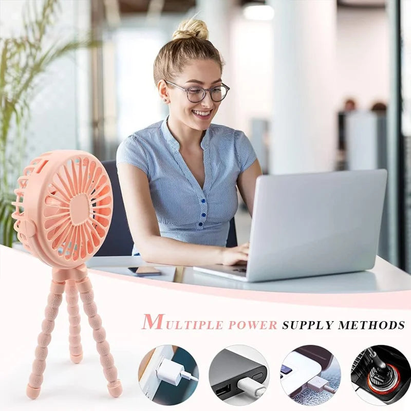 Ventilador Portátil con Trípode Ajustable, Rotación de 360 Grados, Ventilador Eléctrico de Bajo Ruido para Cochecito de Bebé, Carga USB, Apto para Uso en Exteriores