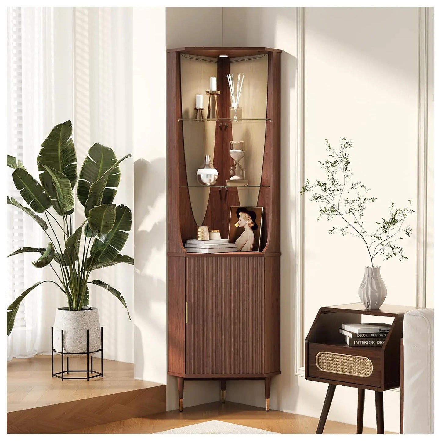 Mueble Bar Esquinero de 70 Pulgadas de Alto, Estilo Moderno de Mediados de Siglo, con Estantes de Vidrio, Puerta e Iluminación LED, Personalizable