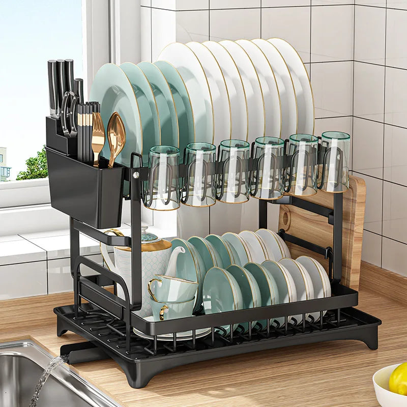 Estante de secado de platos de 2 niveles, escurridor de cuencos de cocina, estante de almacenamiento, vajilla, drenaje, palillos, cuchillo, tenedor, soporte de almacenamiento de vasos de agua de 2 niveles