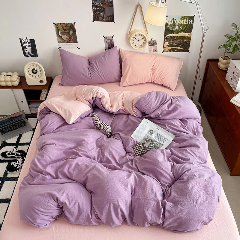Funda nórdica de poliéster para dormitorio, juego de ropa de cama de 3 piezas, Color liso, rosa y gris, 2 fundas de almohada