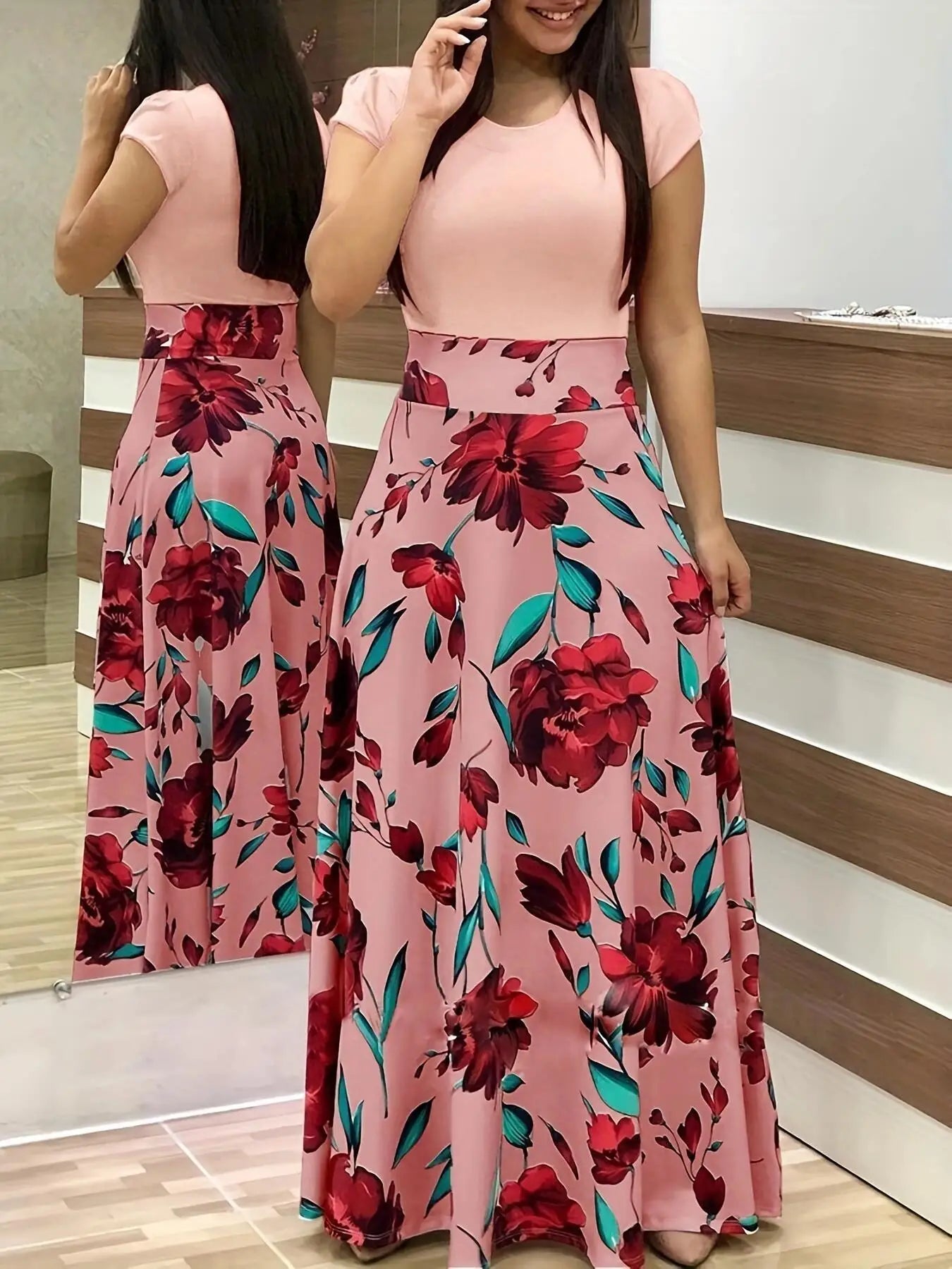 Vestido de manga corta a juego con estampado de flores de estilo europeo y americano para mujer, falda con vuelo grande, 2024