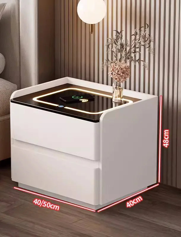 Mesita de noche inteligente de madera maciza con carga inalámbrica, mesita de noche de estilo moderno con 2 cajones y cerradura, armario lateral para el hogar