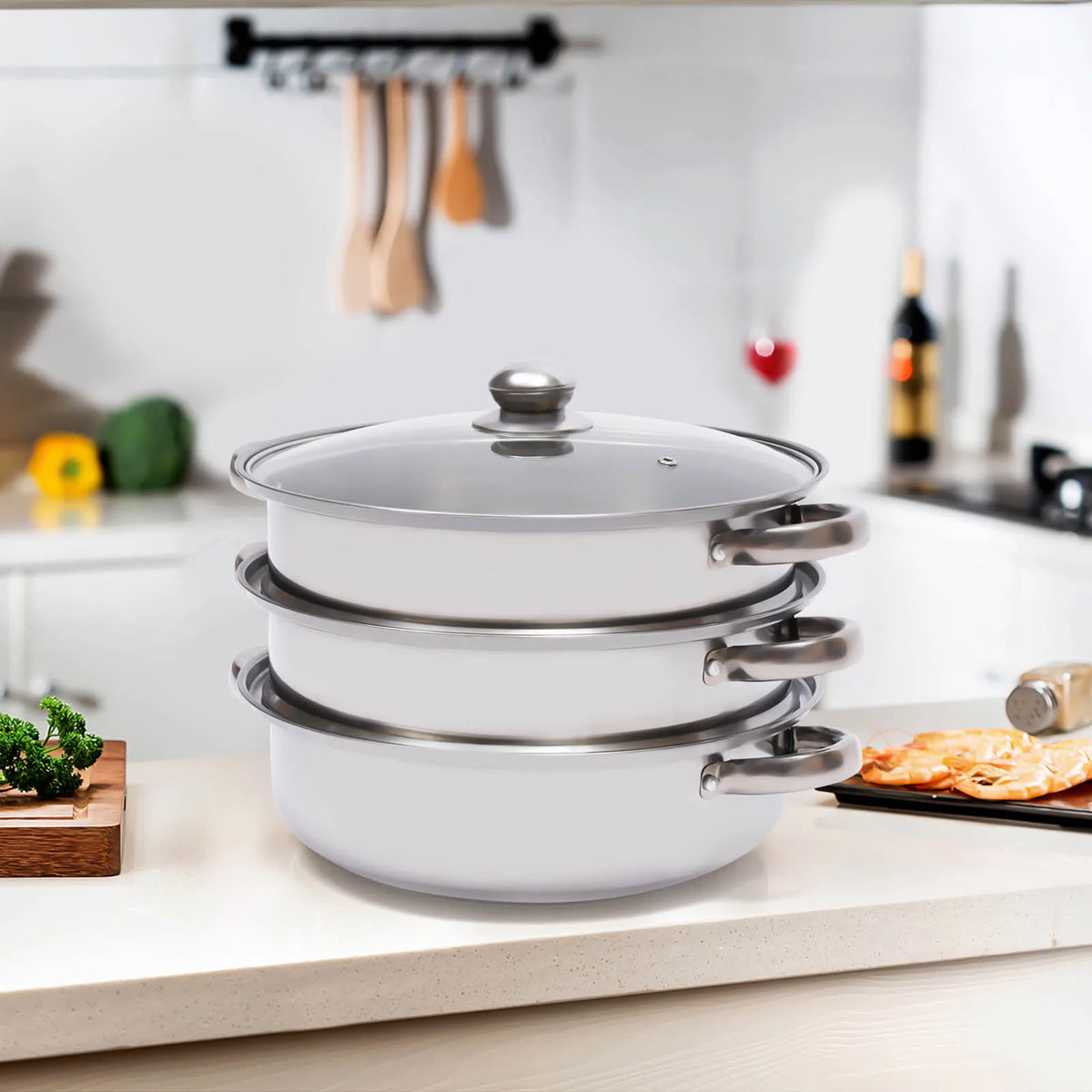 Vaporera de acero inoxidable de 3 niveles, olla para cocinar al vapor superpuesta de 28cm, utensilios de cocina, juego de cocina para sopa a vapor, plateado con tapa de vidrio