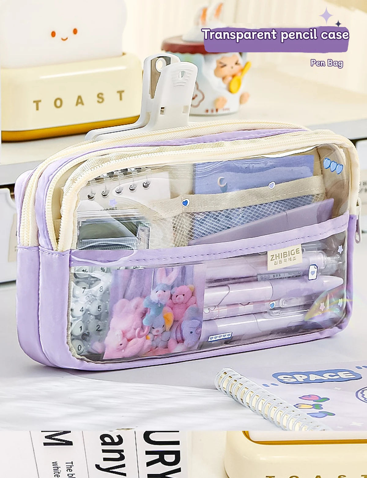 Bolsa de lápices transparente de cuatro capas, bolsa de papelería para estudiantes, bolsa de almacenamiento de gran capacidad, suministros de oficina escolar, papelería, 1Pc