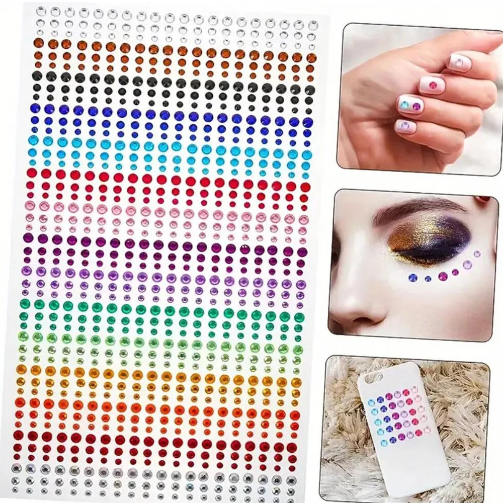 1 hoja 900 Uds. Pegatinas de gemas brillantes de cara de arcoíris, tatuaje Facial adhesivo, joyas de diamantes de imitación para ojos, mezcla de 3/4/5mm, maquillaje para fiesta de boda