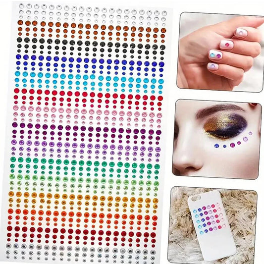 1 hoja 900 Uds. Pegatinas de gemas brillantes de cara de arcoíris, tatuaje Facial adhesivo, joyas de diamantes de imitación para ojos, mezcla de 3/4/5mm, maquillaje para fiesta de boda