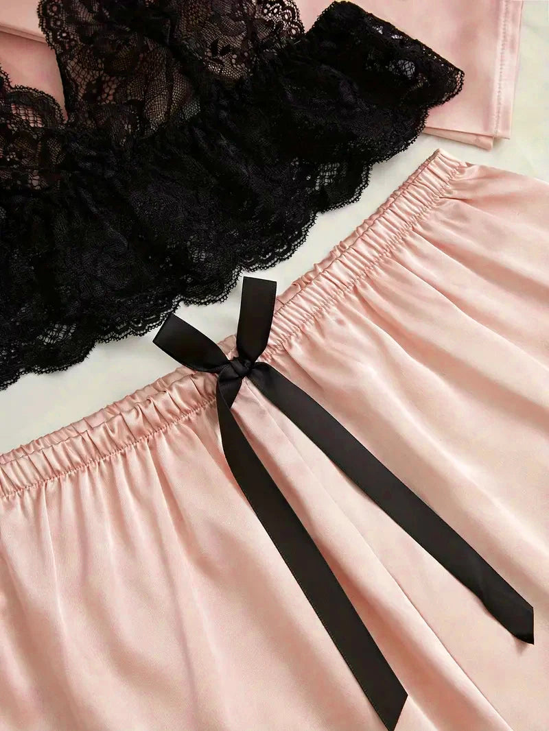 Conjunto de pijama de satén para mujer, lencería Sexy rosa, bata de baño de encaje de retazos, vestido de noche de seda, pantalones, ropa de dormir para el hogar