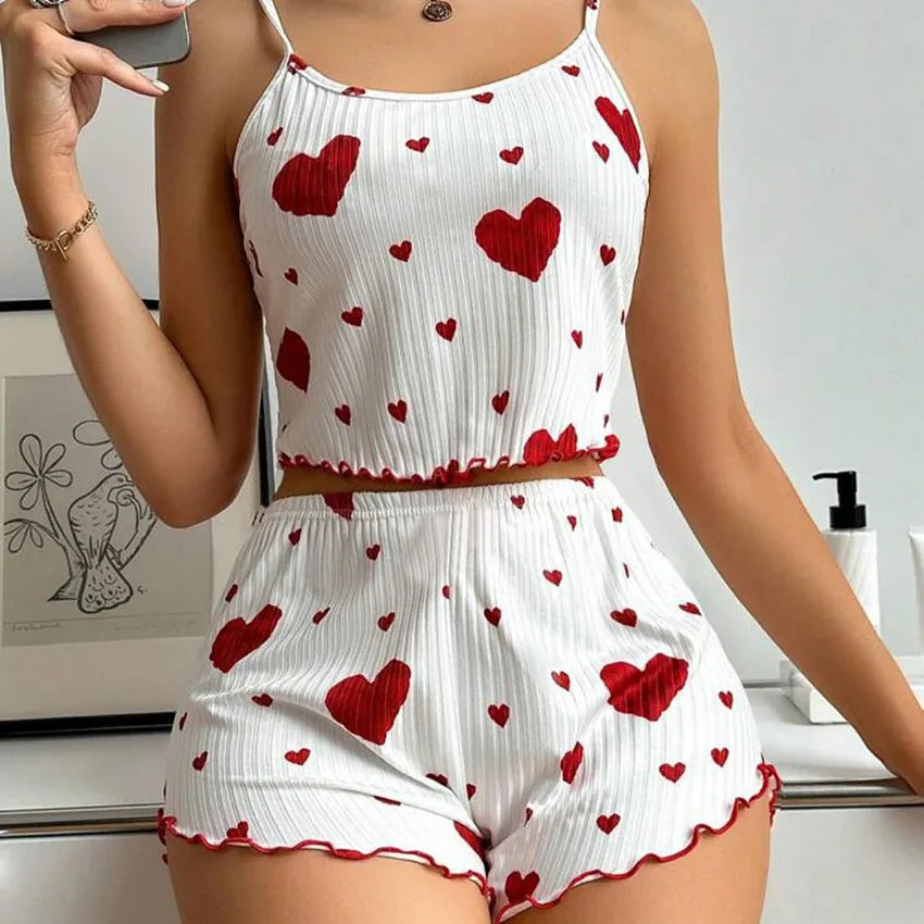 Conjunto de Pijama de Verano para Mujer, Transpirable, Suave, Informal, con Estampado de Amor, Pantalones Cortos con Tirantes, Lencería Sexy