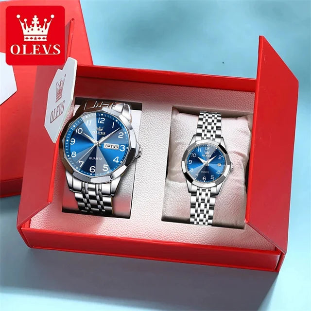 OLEVS 9970 reloj de lujo para parejas, reloj de pulsera con calendario resistente al agua de acero inoxidable para hombres y mujeres, reloj para amantes del espejo con rombos y esfera Digital