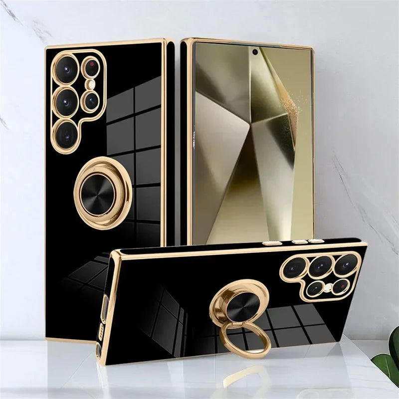 Funda de teléfono con soporte de anillo de TPU de lujo para Samsung Galaxy S25 S24 S23 S22 S21 S20 Note 20 Ultra Plus FE, funda protectora trasera a prueba de golpes