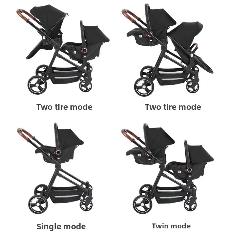 Nuevo cochecito doble de STOCK europeo con 2 asientos de coche, cochecito de bebé 3 en 1, multifuncional, ligero, portátil para niños dobles