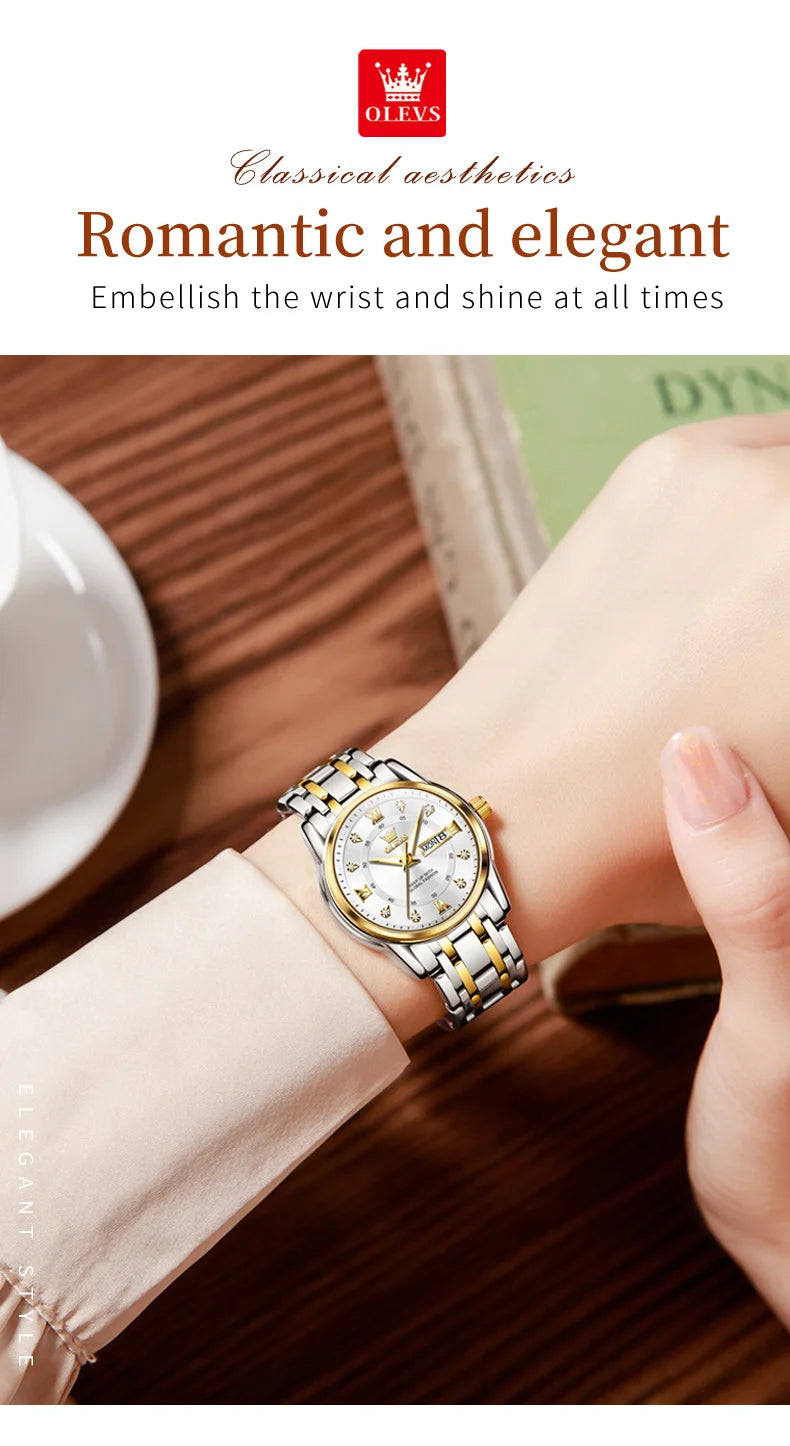 Relojes OLEVS para mujer, reloj de pulsera luminoso resistente al agua de acero inoxidable Original dorado a la moda, reloj clásico elegante para mujer con fecha