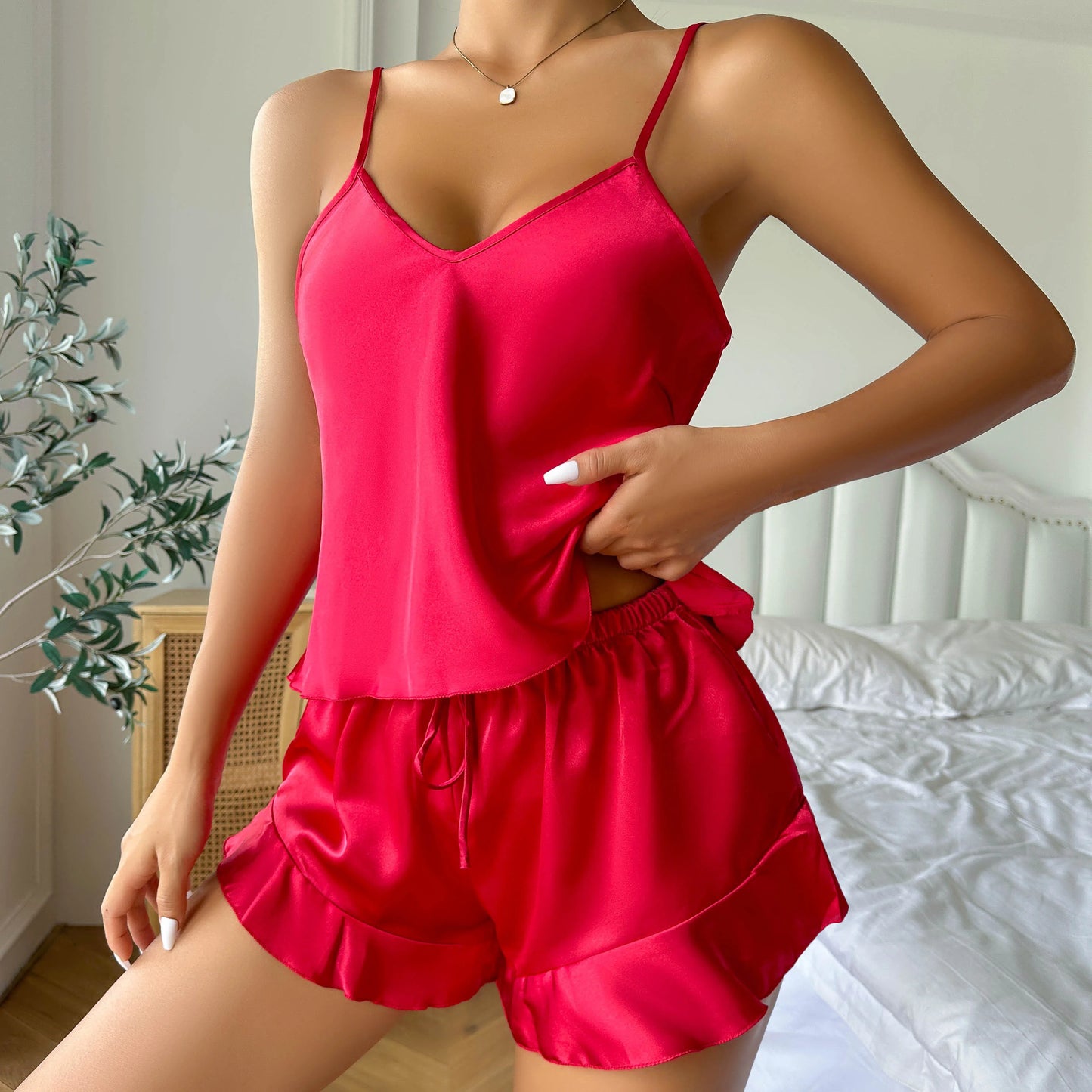Conjunto de pijama de satén simple, bata con cinturón de manga larga, camisola con cuello en V, top y pantalones cortos, ropa de dormir para mujer