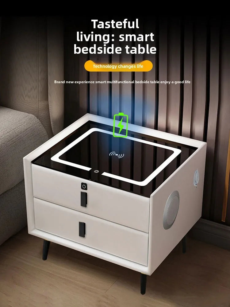 Mesita de noche de madera inteligente con altavoz cargador inalámbrico, mesita de noche minimalista moderna de dos cajones, muebles multifuncionales para el hogar