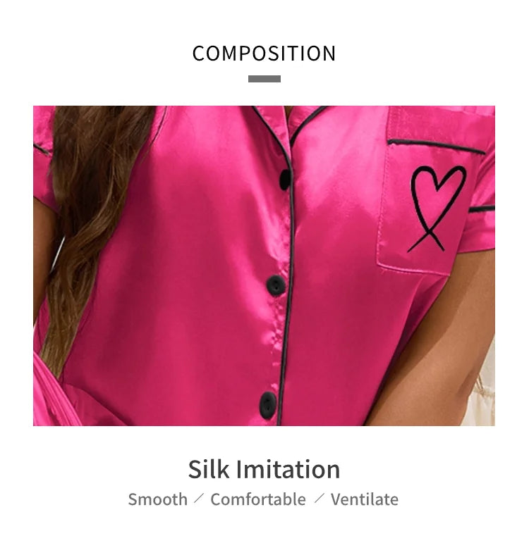 Conjunto de pijama para mujer, ropa para el hogar, camisa de manga corta de satén con pantalones, ropa de dormir, conjunto de 2 piezas, pijama bordado en forma de corazón