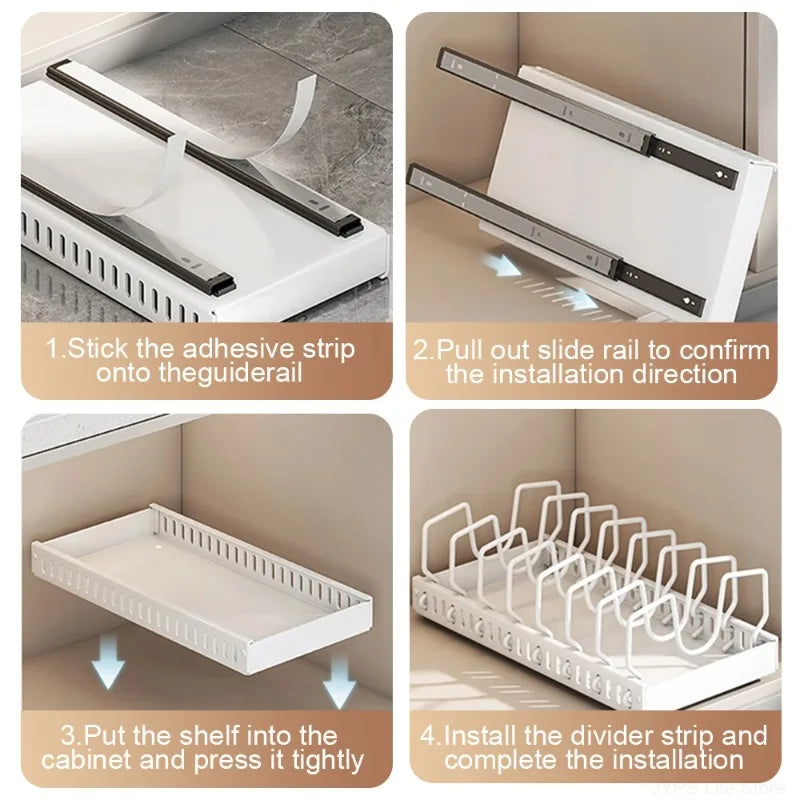 Organizador Multifuncional de Cocina Extraíble para Ollas/Sartenes, Soporte Deslizante para Tapas, Estante para Especias y Escurridor de Platos, Organizador de Cajones