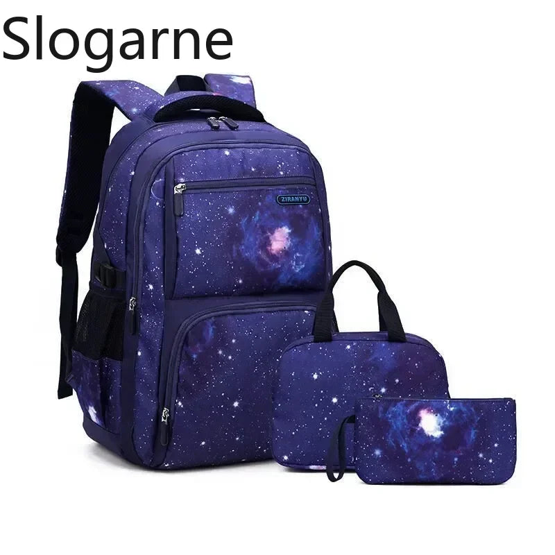 Nuevo conjunto de 3 uds de mochilas para niños, bolso escolar con patrón de cielo estrellado para estudiantes, bolso escolar impermeable con bolsa de almuerzo, estuche para lápices