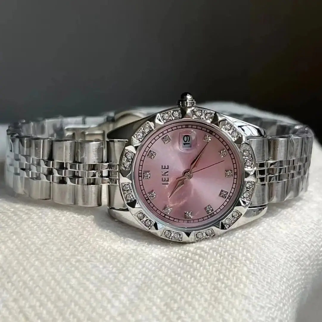 Reloj con banda de acero de aleación sólida con acento de cristal para mujer, elegante vestido, relojes con calendario de cuarzo para mujer