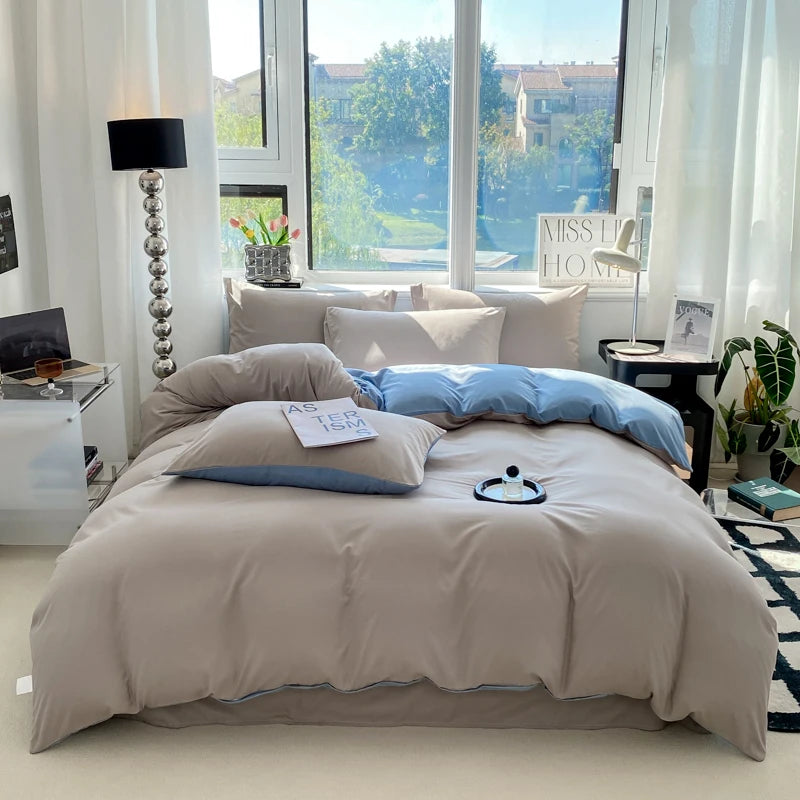 Juego de funda nórdica de Color sólido estilo Ins, ropa de cama de algodón lavada, funda de edredón, funda de almohada, juegos de cama suaves, fundas de edredón de 220x240