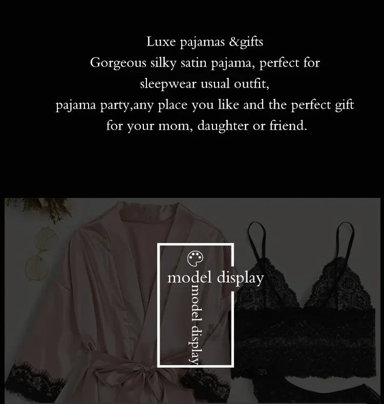 4 piezas ropa de dormir para mujer pijamas Ser con bata lencería de encaje Sexy Albornoz satén de seda ropa de dormir para el hogar bata