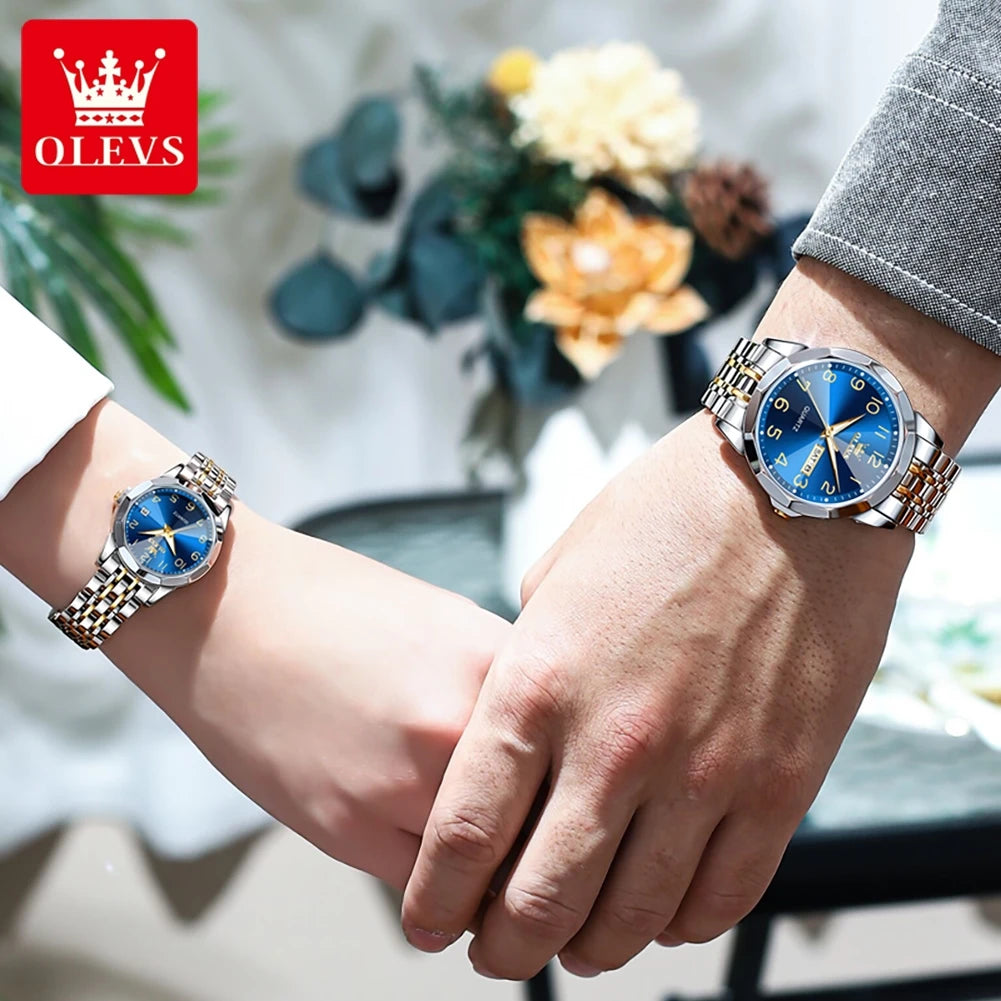 OLEVS 9970 reloj de lujo para parejas, reloj de pulsera con calendario resistente al agua de acero inoxidable para hombres y mujeres, reloj para amantes del espejo con rombos y esfera Digital