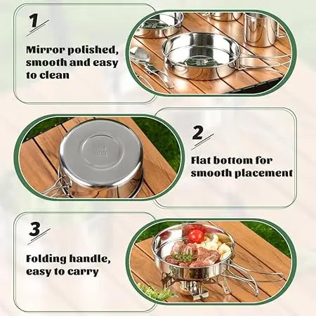 Juego de utensilios de cocina para acampar, olla de cocina de acero inoxidable con sartén, utensilios de cocina portátiles para exteriores, olla para Picnic, mochilero, Camping y senderismo