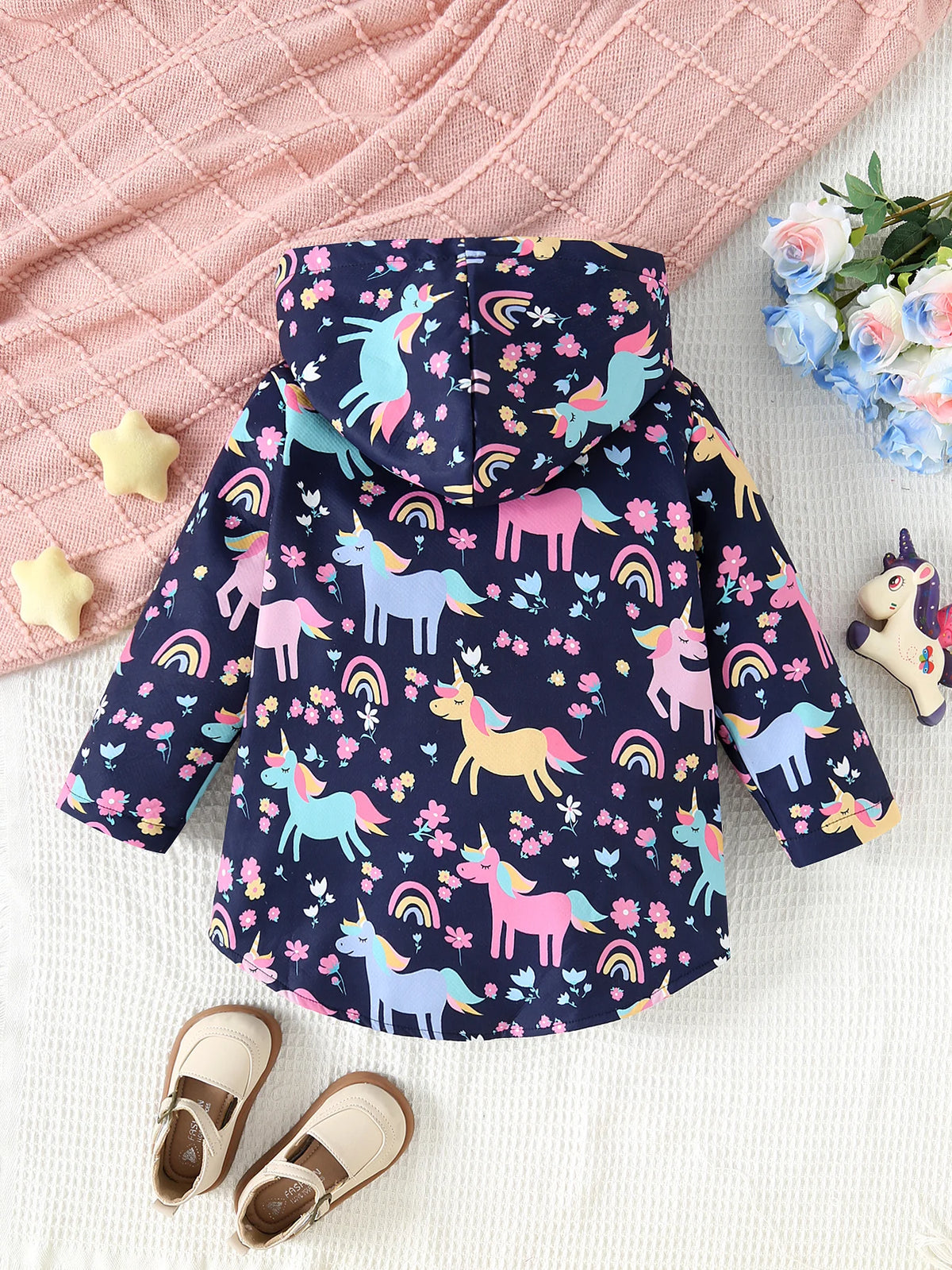 Chaqueta con estampado de flores de unicornio para niña, chaqueta informal con capucha de manga larga con aislamiento de felpa, otoño e invierno