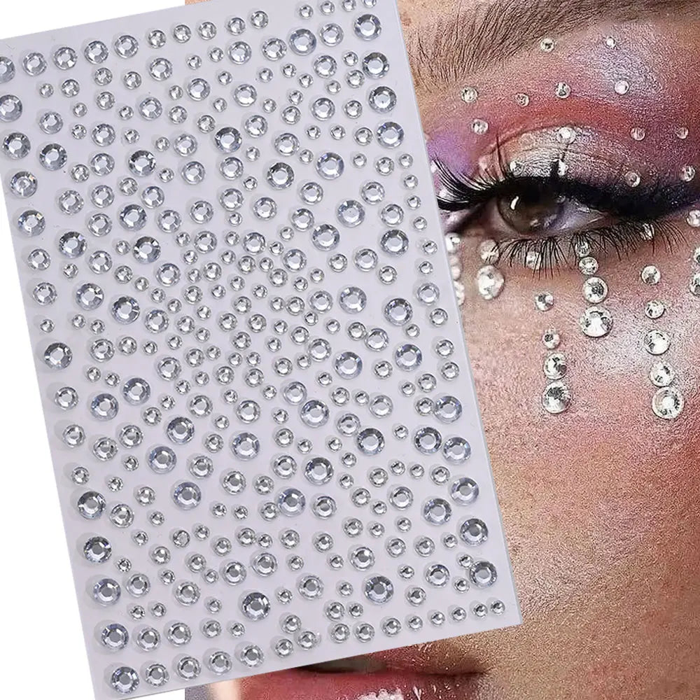 1 hoja 900 Uds. Pegatinas de gemas brillantes de cara de arcoíris, tatuaje Facial adhesivo, joyas de diamantes de imitación para ojos, mezcla de 3/4/5mm, maquillaje para fiesta de boda