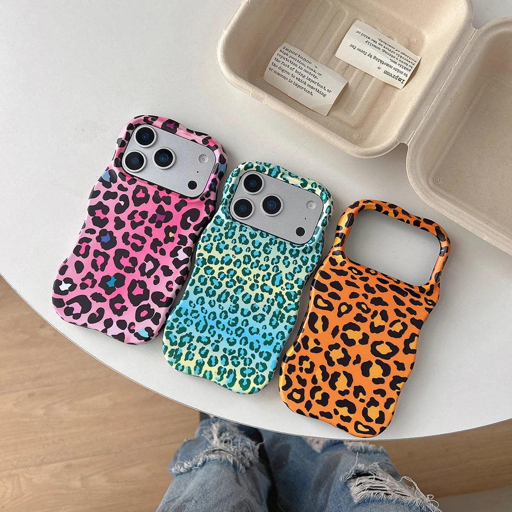 Funda protectora de lujo 2 en 1 con estampado de leopardo degradado a prueba de golpes para IPhone 13 14 15 16 17 Pro Max Wave Edge contraportada