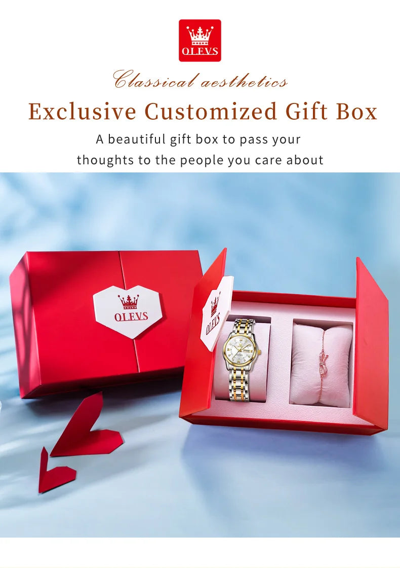 Relojes OLEVS para mujer, reloj de pulsera luminoso resistente al agua de acero inoxidable Original dorado a la moda, reloj clásico elegante para mujer con fecha