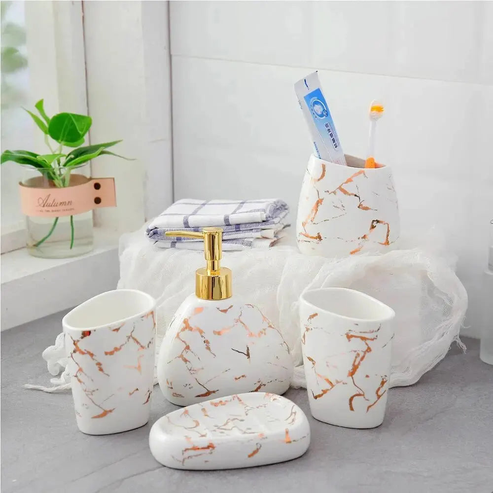 6 unids/set de cerámica de imitación de mármol, juego de accesorios de baño, dispensador de jabón/soporte para cepillo de dientes/vaso/productos jabonera