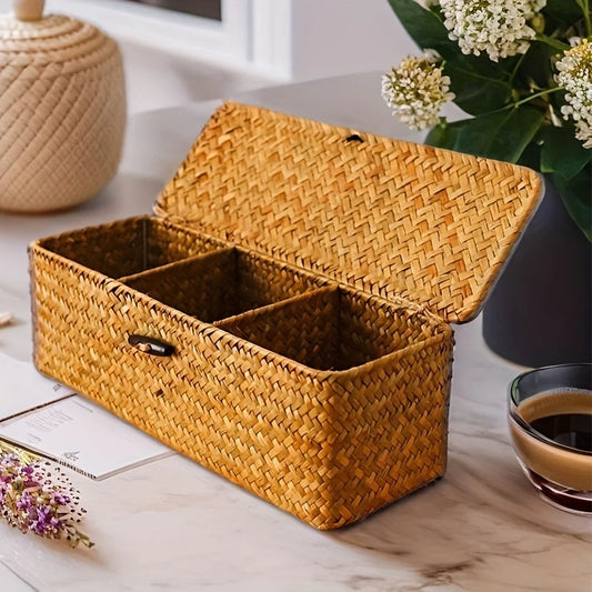 Caja de almacenamiento divisoria, cesta de almacenamiento tejida hecha a mano, estante vintage rectangular, para contenedores de almacenamiento de organización del hogar